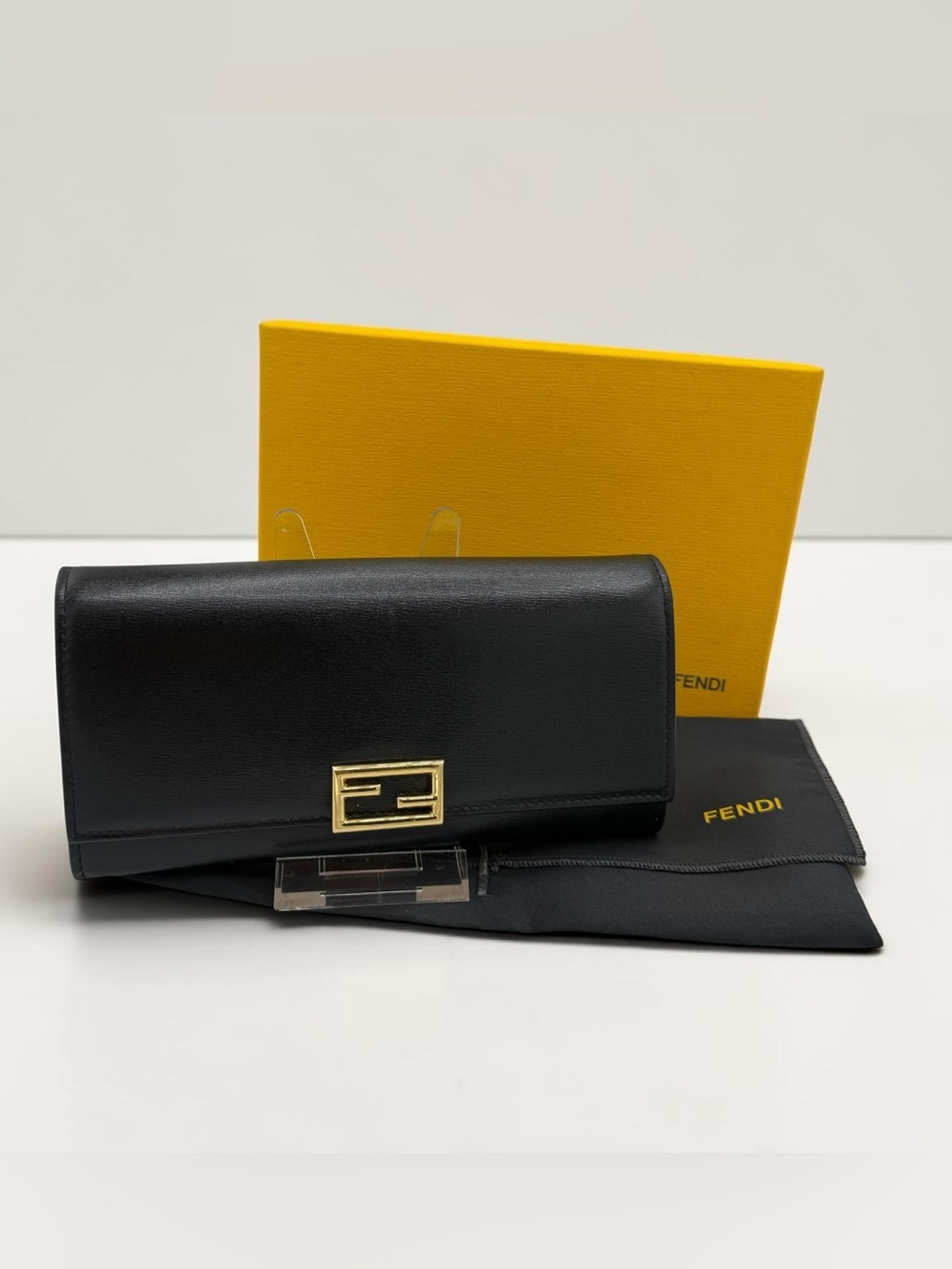Fendi Baguette Black Leather Continental Wallet with Gold FF Lock